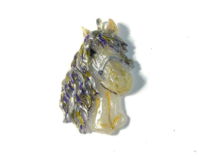 Horse Head Pearl, Gold, Purple, Silver Halter Equestrian Horse Lover Pendant or Ornament @2.5 Inch Long, Necklace