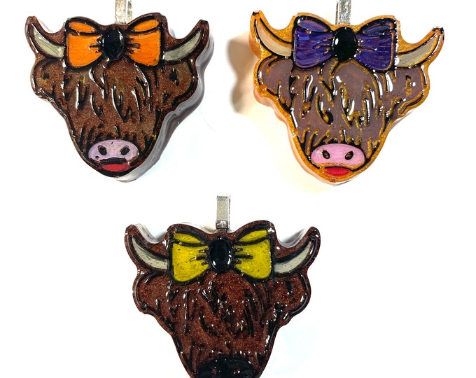 Scotland Highland Cow Handpoured and Painted Necklace Gift Boxed with Ornate Organza Gift Bag!
