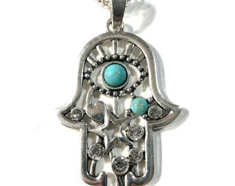 Hamsa Evil Eye Amulet with Faux Turquoise Cabochons and Crystals, Symbol of Luck and Protection, Large 3"  Medallion Necklace