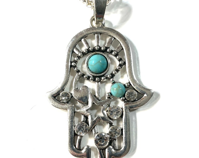 Hamsa Evil Eye Amulet with Faux Turquoise Cabochons and Crystals, Symbol of Luck and Protection, Large 3"  Medallion Necklace