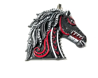 Resin 3D, Large Horse Head Black Red White Pearlized Equestrian Horse Lover Pendant or Ornament @2.5 Inch Long, Necklace