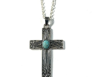 Silver Plated Etched Cross with Faux Turquoise Cabochon Medallion Pendant 18" to 30" Chain or Waxed Cord Necklace