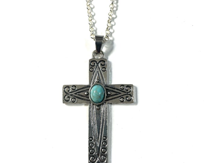 Silver Plated Etched Cross with Faux Turquoise Cabochon Medallion Pendant 18" to 30" Chain or Waxed Cord Necklace