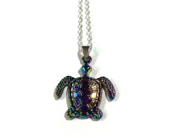 AB Rainbow Multi Color Sea Turtle Beach Medallion Pendant 18" to 30" Necklace