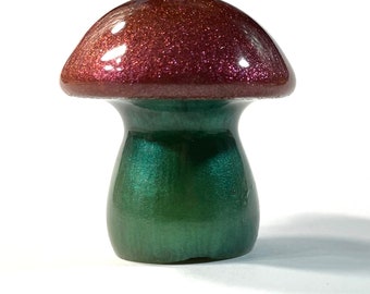 CUSTOM Available Boho Hippie Mushroom Decor Totem Statue, Burgundy Purple Sparkle, Green Pearl @2 Inch, Resin Handmade & Painted