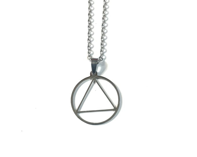 Alcoholics Anonymous Awareness AA Stainless Steel Pendant, Recovery, Sobriety, Triangle In Circle, with Ball Chain or Cord