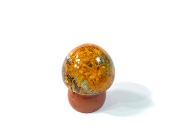 Boho Hippie Mushroom Dried Marigold Flowers Decor Totem Statue, Gold, Orange, Clear, 3 Inch, Resin Handmade & Painted