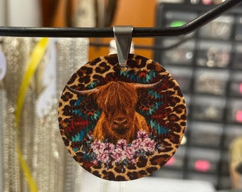 Brown Highland Cow Painted Leather Pendant with Flowers Necklace Gift Boxed with Ornate Organza Gift Bag!
