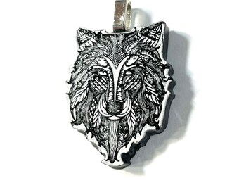 Handpoured and painted Resin Mandala Good Luck Wolf Pendant Necklace Black Silver, Gift Boxed