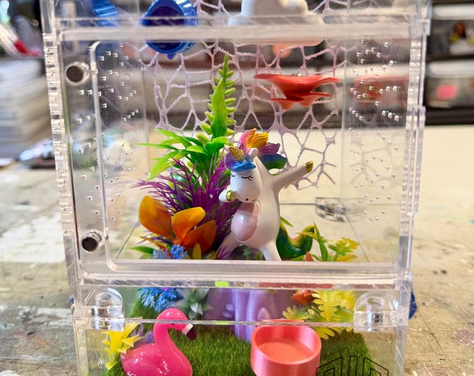 Custom Unicorn Flamingo Yoga, Hides, 4x4x6 Jumping Spider Enclosure, Cross Ventilation, Removable Magnetic Bottom and Sliding Door, Glow!