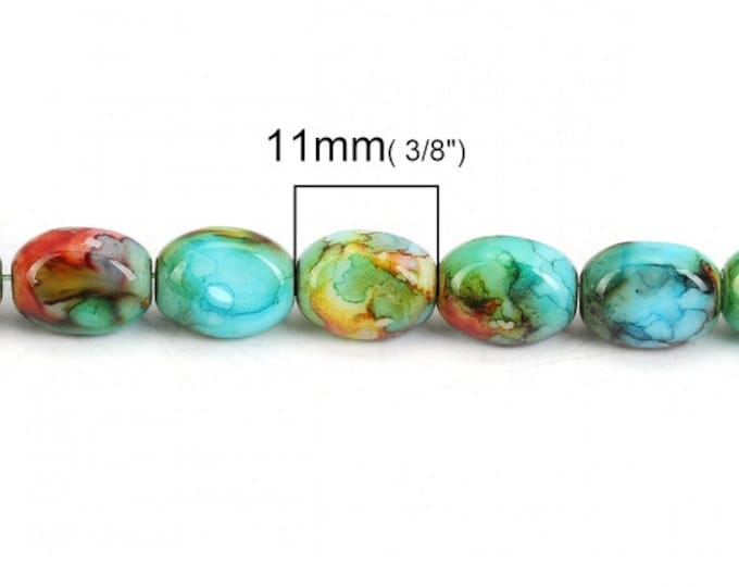 10# Glass Beads Oval Multicolor Turquoise, Yellow, White Pattern About 11x9mm - 11x8mm, Hole: Approx 1.3mm