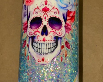 20 Oz Skinny Stainless Tumbler w Lid & Straw, Steampunk, Sugarskull, Bllue, Pink, Purple, Glitter