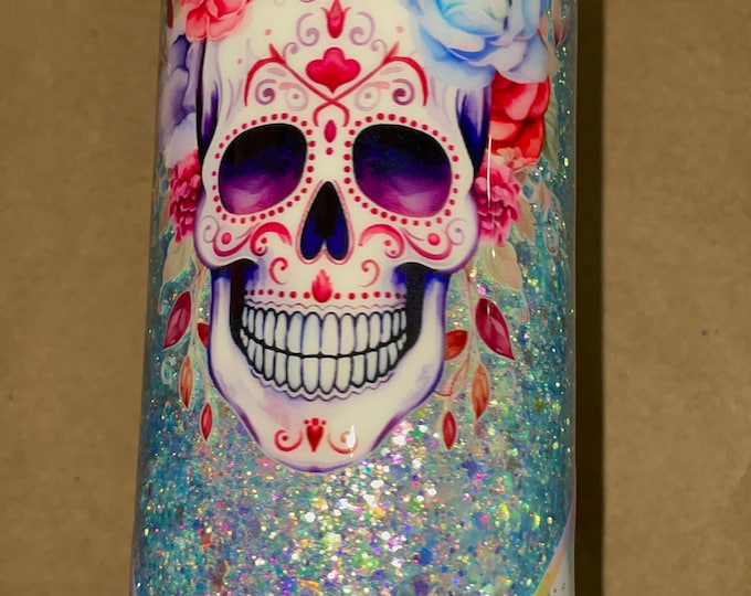 20 Oz Skinny Stainless Tumbler w Lid & Straw, Steampunk, Sugarskull, Bllue, Pink, Purple, Glitter