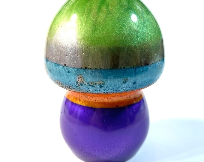 Boho Hippie Mushroom Decor Totem Statue, Rainbopw Multi Green Blue Purple Orange @3 Inch, Resin Handmade & Painted
