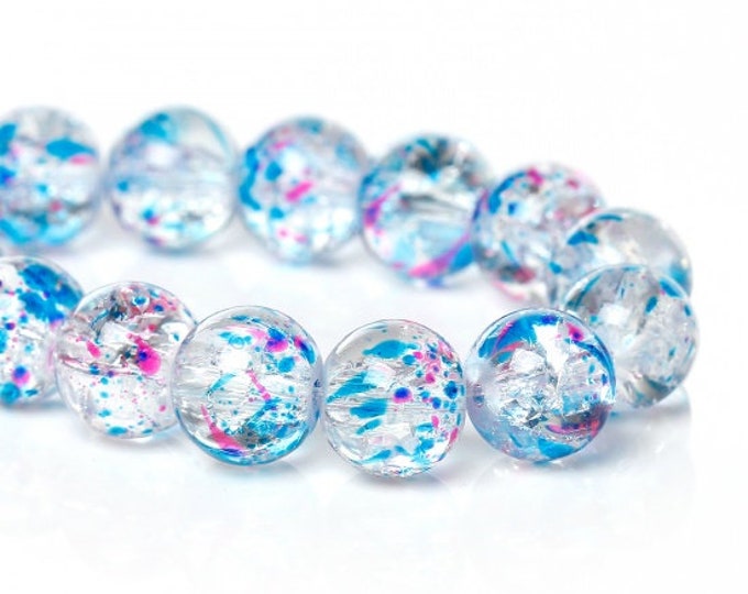 Colorful Glass Loose Beads Round Multicolor Spot Pattern Crackle 10mm Dia, 1.4mm Drilled Hole