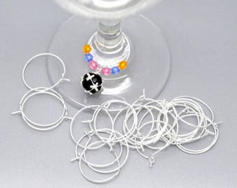 Lot Silver Plated Wine Glass Charm Rings / Earring Hoops 29x25mm, Quantity 20, 50