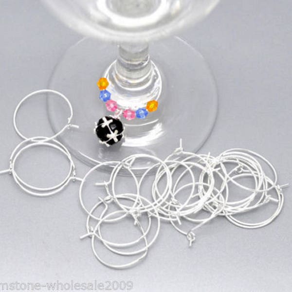 Lot Silver Plated Wine Glass Charm Rings / Earring Hoops 29x25mm, Quantity 20, 50