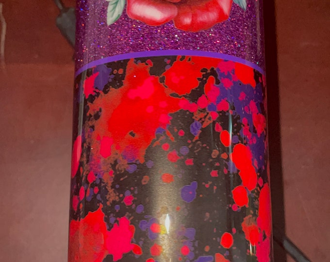 Ready to Ship 20 Oz Skinny Stainless Steel Epoxy Tumbler w Lid & Straw, Roses, Flower, Splatter and Purple Glitter