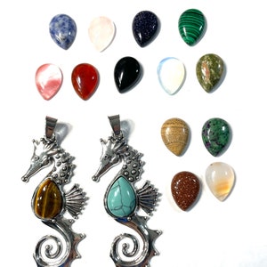 LARGE 3.8&quot; Silver Plated Seahorse Pendant, 20&quot; Rolo Chain, Faux Stone/Glass Cabochon Gift Boxed