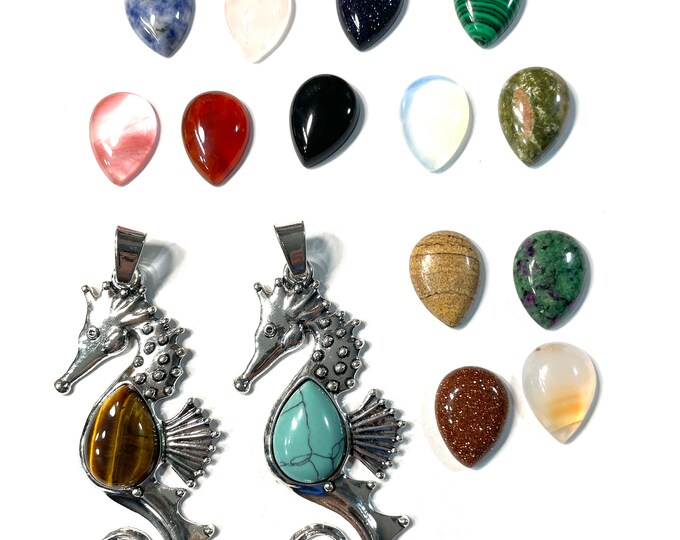 LARGE 3.8" Silver Plated Seahorse Pendant, 20" Rolo Chain, Faux Stone/Glass Cabochon Gift Boxed