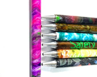 Epoxy Glitter Alcohol Ink Painted Retractable, Refillable Pen, Black Ink, Stainless Steel Base, Personalizable