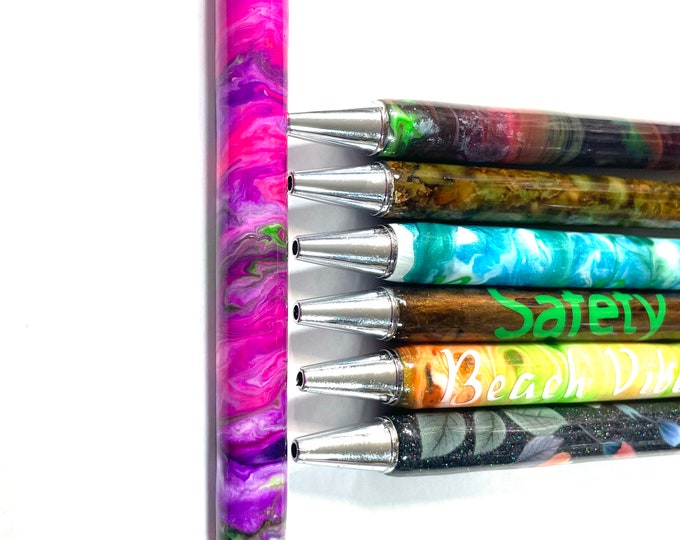Epoxy Glitter Alcohol Ink Painted Retractable, Refillable Pen, Black Ink, Stainless Steel Base, Personalizable