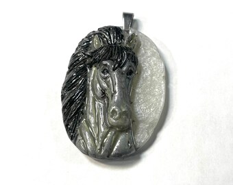 Resin 3D, Black Silver & White Pearlized Equestrian Horse Lover Pendant @1.75 Inch Long, Pendant, Necklace