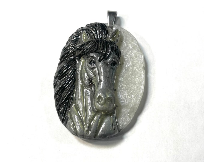 Resin 3D, Black Silver & White Pearlized Equestrian Horse Lover Pendant @1.75 Inch Long, Pendant, Necklace