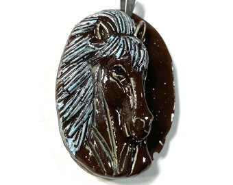 Resin 3D, CHocolate Brown and Light Blue Pearlized Equestrian Horse Lover Pendant @1.75 Inch Long, Pendant, Necklace