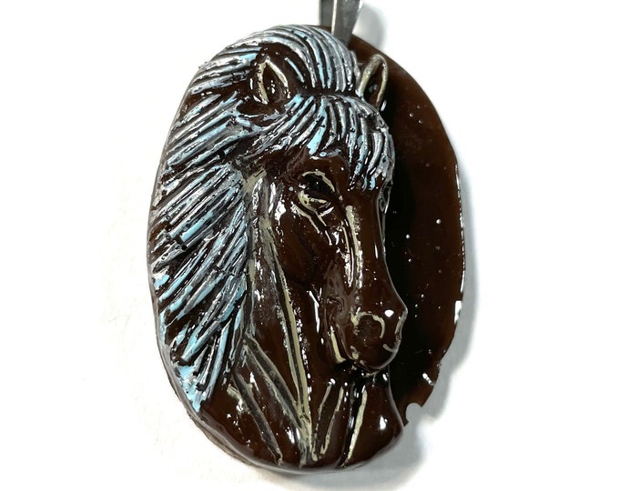 Resin 3D, CHocolate Brown and Light Blue Pearlized Equestrian Horse Lover Pendant @1.75 Inch Long, Pendant, Necklace
