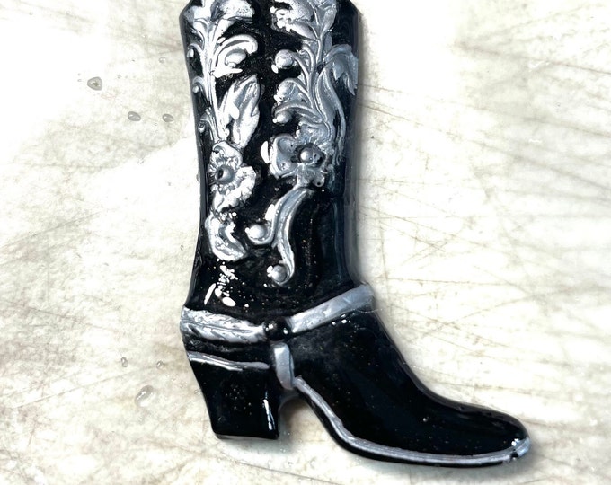 Western Boot Bolo Tie or Necklace  Pendant @1.5 Inch Long, Black Silver, Handpoured and Painted