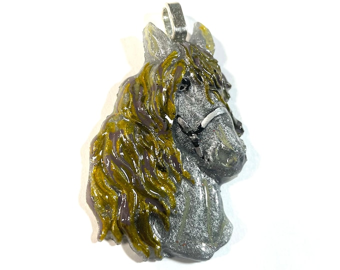 Horse Head Medallion, Silver Gray, Gold Mane, Silver Halter Equestrian Horse Lover Pendant or Ornament @2.5 Inch Long, Necklace
