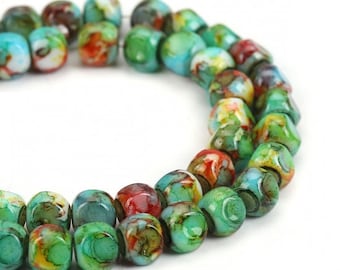 10# Glass Beads Round Multicolor Pattern Faceted About 8mm Dia, Hole: Approx 1.3mm