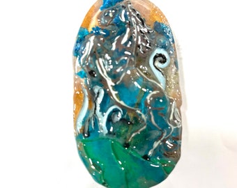Resin 3D, Green Blue Brown Pearlized with Inlayed Dried Flowers Equestrian Horse Lover Rearing Mustang Pendant Necklace