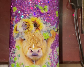 Ready to Ship 20 Oz Skinny Stainless Steel Epoxy Tumbler w Lid & Straw, Highland Cow Purple Glitter, Green Pink