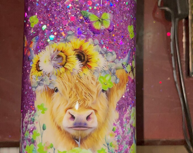 Ready to Ship 20 Oz Skinny Stainless Steel Epoxy Tumbler w Lid & Straw, Highland Cow Purple Glitter, Green Pink