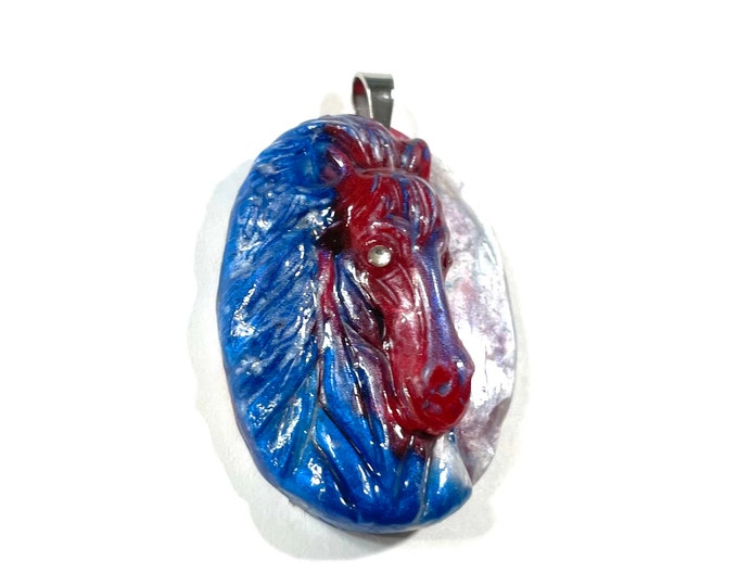 Resin 3D, Red, White Blue Pearlized Equestrian Horse Lover Pendant @1.75 Inch Long, Pendant, Necklace
