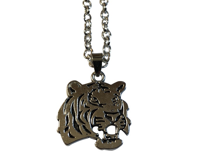 Silver Tiger Head Two Sided Reversible Medallion Pendant 18" to 30" Chain or Waxed Cord Necklace