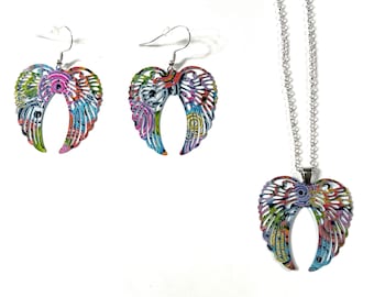 Wings Rainbow Multi Color Filigree Enamel Painted Metal Pride Medallion Pendant and/or Earrings 18" to 30" Chain or Waxed Cord Necklace
