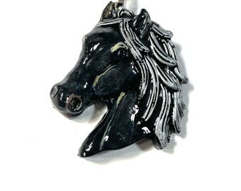 Resin 3D, Black with Silver Mane Pearlized Horse Head Equestrian, Pendant @1.5 Inch Long, Medallion, Necklace