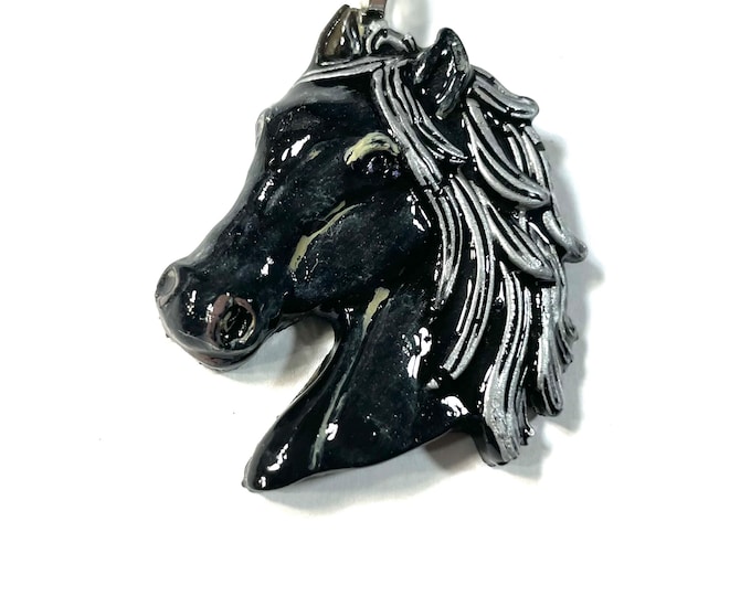 Resin 3D, Black with Silver Mane Pearlized Horse Head Equestrian, Pendant @1.5 Inch Long, Medallion, Necklace