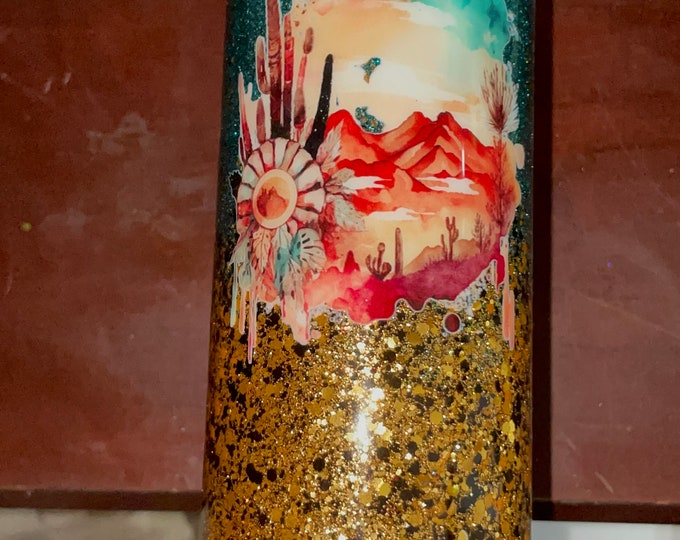 Ready to Ship 20 Oz Skinny Stainless Steel Epoxy Tumbler w Lid & Straw, Southwestern Dreamcatcher Cactus, Horse Cactus