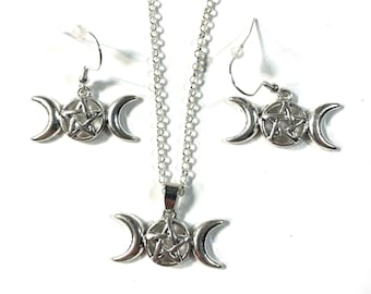 Pentagram Gothic Wicca Medallion Moons Silver Plated 1.2" Pendant 18" to 30" Necklace and/or Earrings