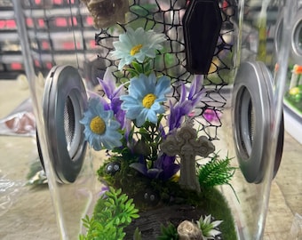 Custom Available! Spooky Goth Cross Skull Clear Jumping Spider Enclosure, Dual Silver Vents, Feed Hole with Stopper, Bottom Opening