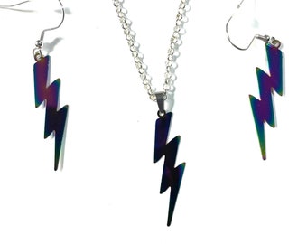 Rainbow Multi Color Filigree Stamping Lightning Bolt Stainless Steel Medallion Pendant and/or Earrings
