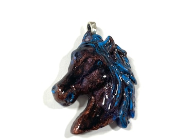 Resin 3D, Brown, Blue Pearlized Horse Lover, Horse Head Equestrian, Pendant @1.5 Inch Long, Medallion, Necklace