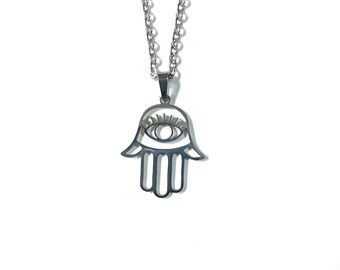 Stainless Steel Hamsa Evil Eye Amulet, Symbol of Luck and Protection, Medallion Necklace