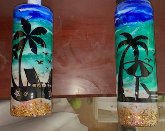 Stainless Steel Epoxy Water Bottle or Tumbler w Lid & Straw, Beach Vibes, Glitter Personalized