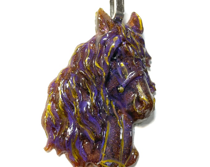 Horse Head Lavender Rainbow Multi Coor Sparkle Glitter, Halter Equestrian Horse Lover Pendant or Ornament @2.5 Inch Long, Necklace