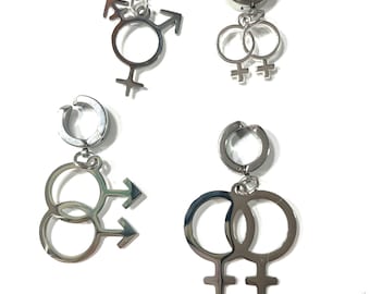 Double Venus, Mars, Trans, Pansexual, Genderfluid, Gay Lesbian LGBTQ Pride 9x4mm Clip or Pierced Cuff Earring(s)